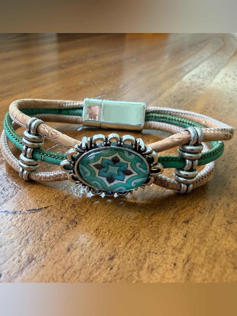 Boho Teal Multi-Strand Floral Tile Magnetic Close Bracelet Made in Europe. NWOT